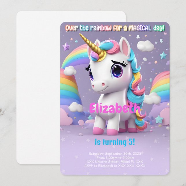 Invitation Au-Dessus De L'Arc-En-Ciel, Anniversaire Licorne (Devant / Derrière)