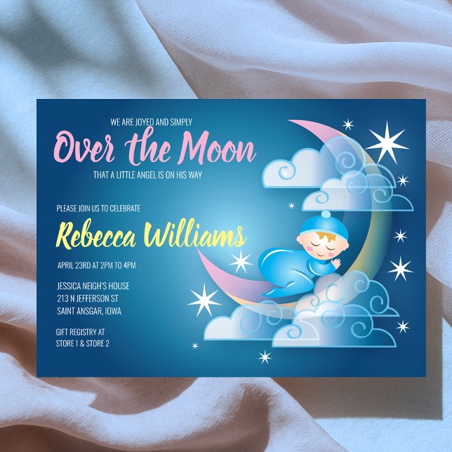 Invitation Au-Dessus Du Baby shower Bercé Par La Lune - Peau  (Over The Moon Cradled Baby Shower - Lighter Skin Invitation
)