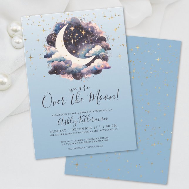 Invitation Au-Dessus Du Baby shower Bleu Lune (Over The Moon Blue Baby Shower Invitation)