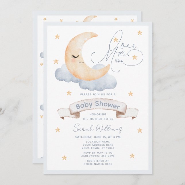 Invitation Au-dessus du Baby shower bleu Moon Gold Stars (Devant / Derrière)