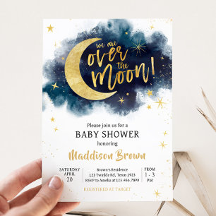 Invitation Au-dessus du Baby shower bleu Moon Gold Stars