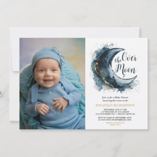Invitation Au-dessus du Baby shower bleu Moon Gold Stars