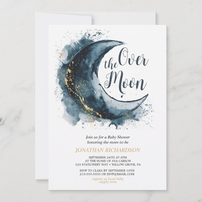 Invitation Au-dessus du Baby shower bleu Moon Gold Stars (Devant)