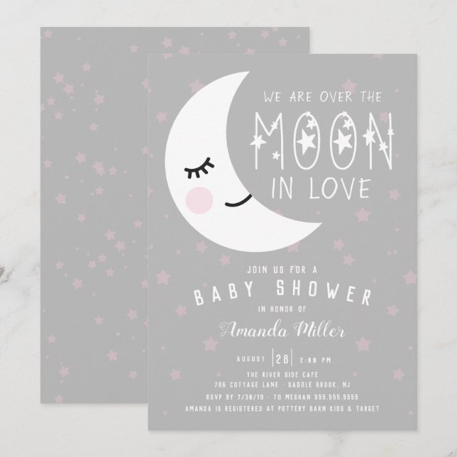 Invitation Au-Dessus Du Baby shower De Fille Lune (Devant / Derrière)