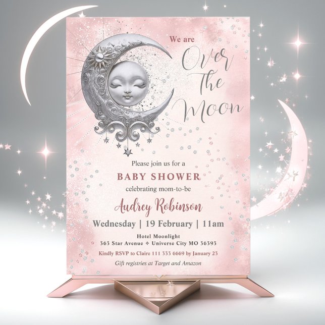 Invitation Au-Dessus Du Baby shower De Fille Rose Lune (Over The Moon Pink Girl Baby Shower Invitation)