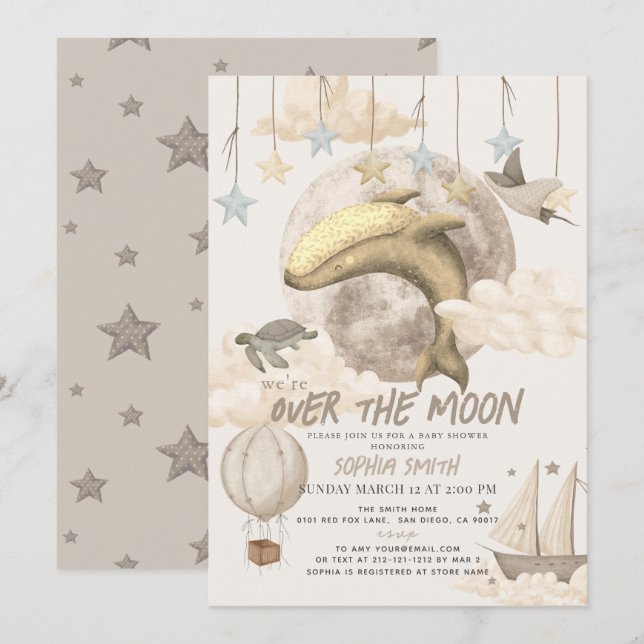 Invitation Au-dessus du Baby shower de la baleine de la Lune (Devant / Derrière)