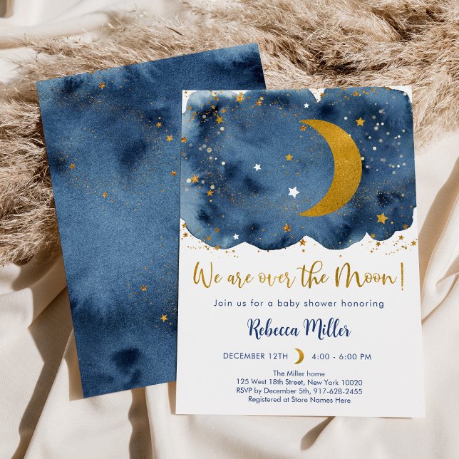 Invitation Au-dessus du Baby shower de la Moon Navy Gold Gala (Créateur téléchargé)