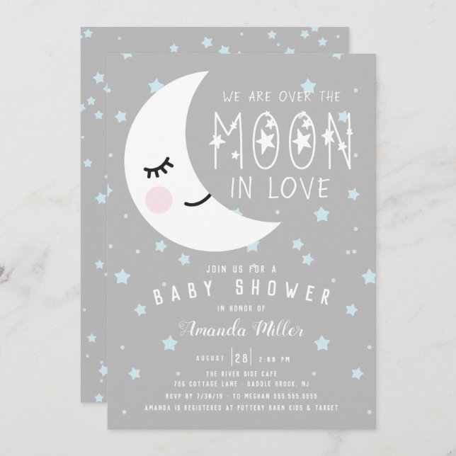Invitation Au-Dessus Du Baby shower Du Garçon Lune (Devant / Derrière)