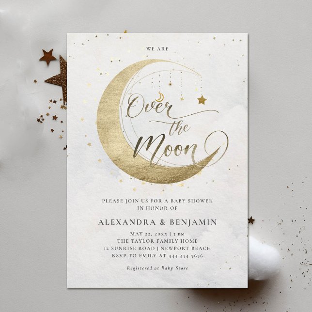 Invitation Au-dessus du Baby shower Lune Arch Gold White Sky (over the moon baby shower invitation white sky gold stars mobile celestial astrology twinkle)