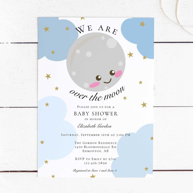 Invitation Au-dessus du Baby shower Lune Bleu mou Or Kawaii e (Créateur téléchargé)