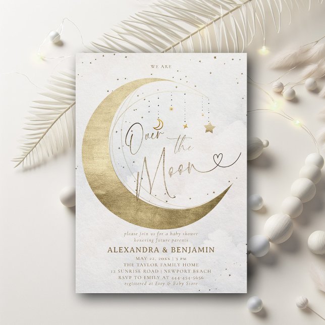 Invitation Au-dessus du Baby shower Lune Gold White Sky Coed (over the moon baby shower invitation moon stars watercolor cute coed elegant neutral white gold)