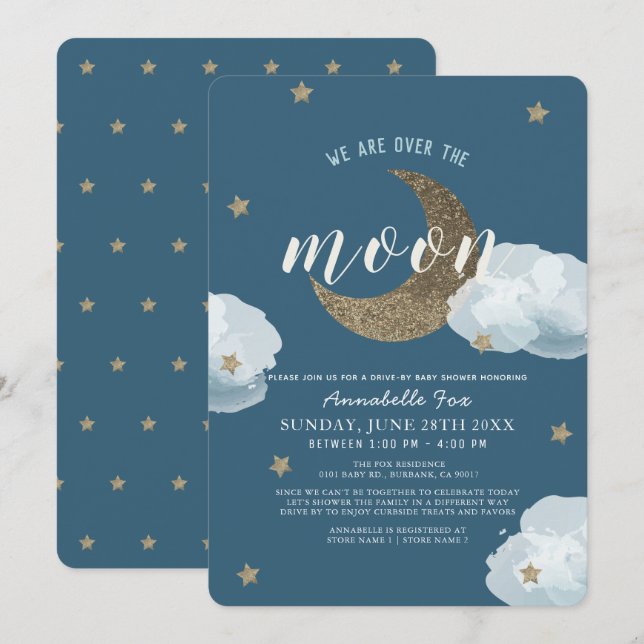 Invitation Au-dessus du Baby shower Moon Midnight Blue Drive (Devant / Derrière)