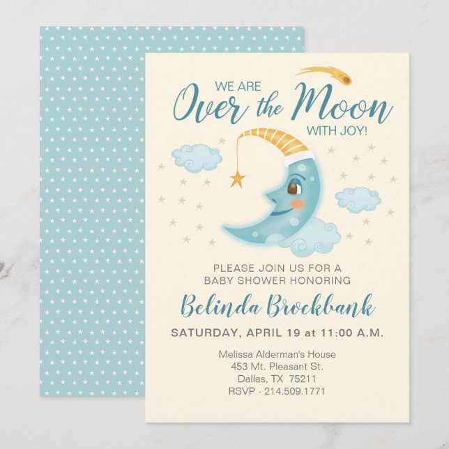 Invitation Au-dessus du Baby shower spatial pour garçons bleu (Devant / Derrière)