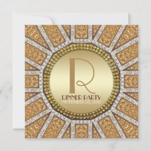 Invitation au dîner ArtDeco Soleil Doré Paillettes