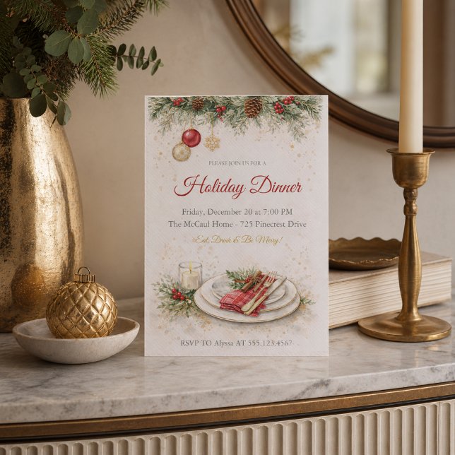 Invitation au dîner au pin festif (Festive pine holiday dinner invite with warm table setting and classic seasonal details)