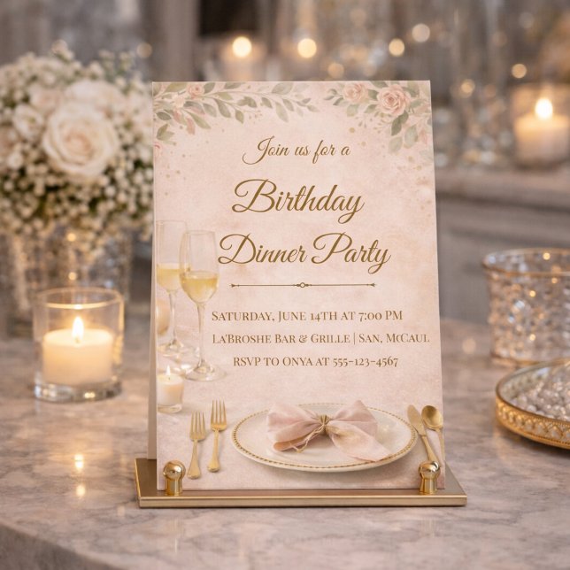 Invitation au dîner Blush Gold (Blush florals and gold detail set the tone for a refined birthday dinner gathering)