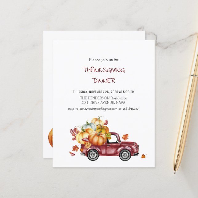 Invitation au dîner Budget/Citrouille/Thanksgiving (Devant/Arrière en situation)