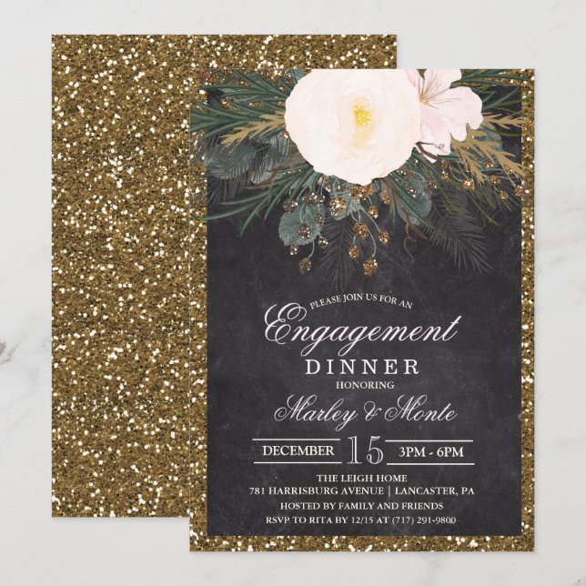 Invitation au dîner de fiançailles Floral hivernal (Devant / Derrière)