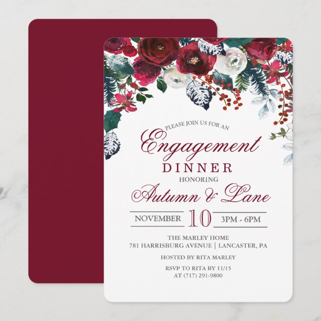 Invitation au dîner de fiançailles Floral Winter (Devant / Derrière)