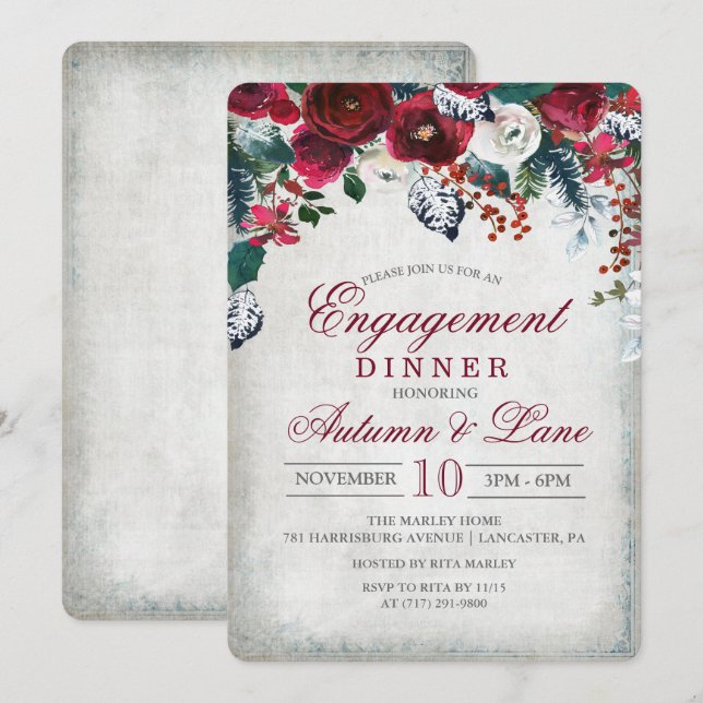 Invitation au dîner de fiançailles Floral Winter (Devant / Derrière)