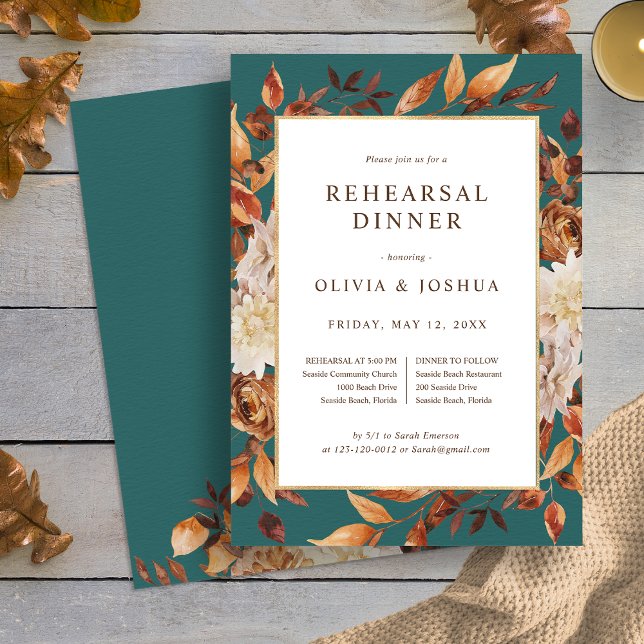 Invitation au dîner de répétition automnal Teal (Elegant Fall Leaves Teal Rehearsal Dinner Invitation by Painted Paperie
)