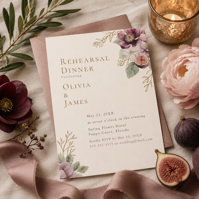 Invitation au dîner de répétition botanique à la p (Plum & Olive Botanical Rehearsal Dinner Invitation)