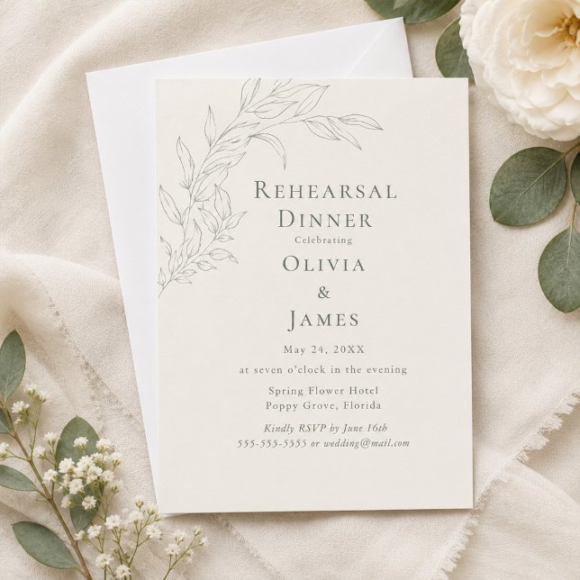 Invitation au dîner de répétition botanique de sau (Modern Sage Botanical Rehearsal Dinner Invitation on an elegant table with tiny flowers)