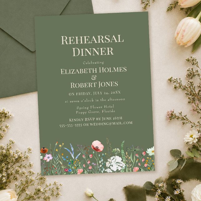 Invitation au dîner de répétition de mariage aux f (Olive Green Wildflower Rehearsal Dinner Invitation with envelope and wildflowers)