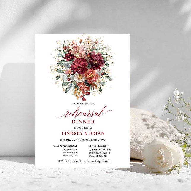 Invitation au dîner de répétition de mariage Tende (Tender Fall Burgundy Floral Rehearsal Dinner Invite

)