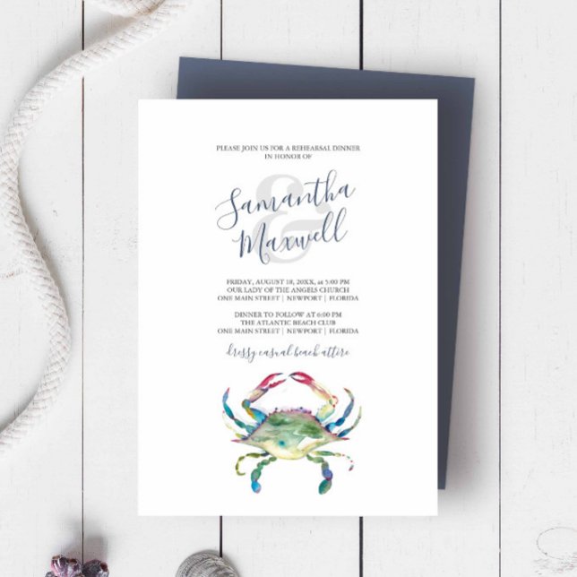 Invitation au dîner de répétition du crabe à l'aqu (Rehearsal dinner invitation beach wedding watercolor blue crab art by Victoria Grigaliunas.)