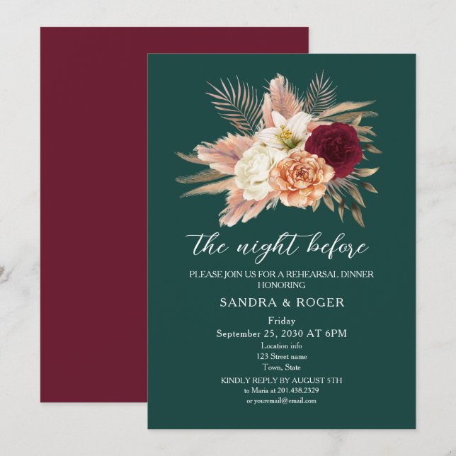 Invitation au dîner de répétition floral émeraude (Devant / Derrière)