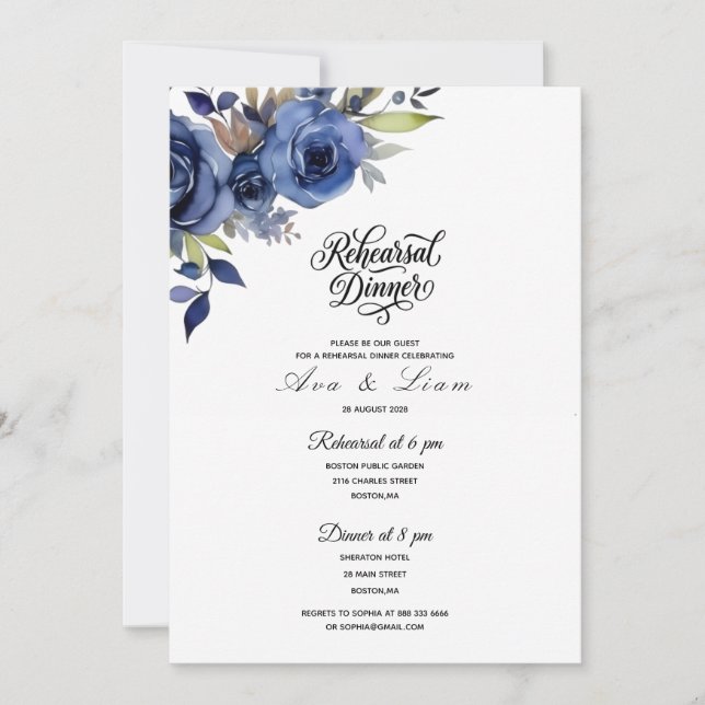Invitation au dîner de répétition floral Navy (Devant)