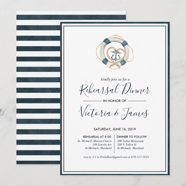 Invitation au dîner de répétition Navy & Blanc (Devant / Derrière)