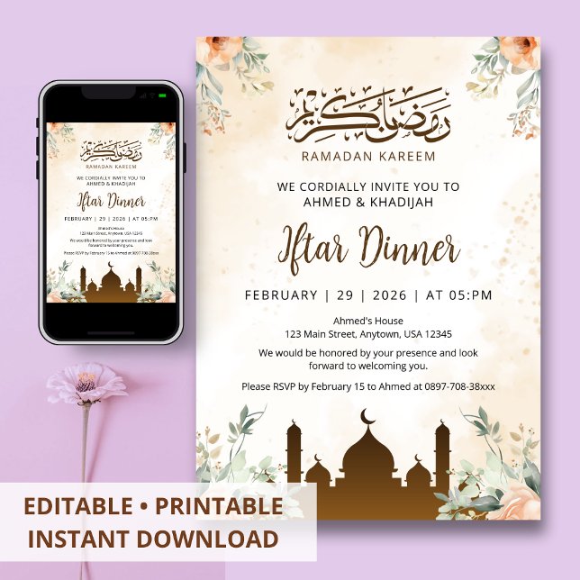 Invitation au dîner d'Iftar du Ramadan floral pêch (Créateur téléchargé)