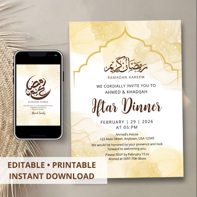 Invitation au dîner d'Iftar en marbre jaune or lux (Créateur téléchargé)
