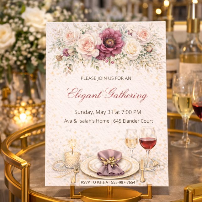 Invitation au dîner floral rose (Blush floral dinner setting with gold detail and soft rose table styling)