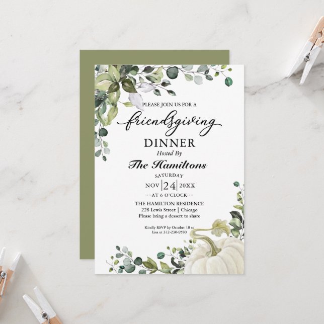 Invitation au dîner Friendsgiving avec citrouille  (Devant/Arrière en situation)