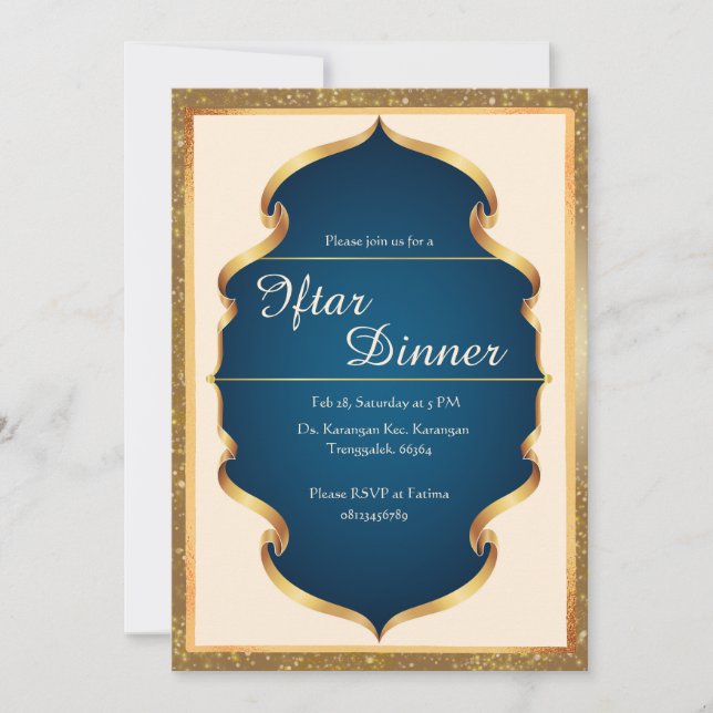 Invitation au dîner Iftar bleu royal et or (Devant)
