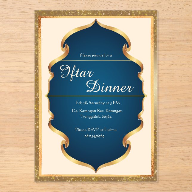 Invitation au dîner Iftar bleu royal et or (Recto)