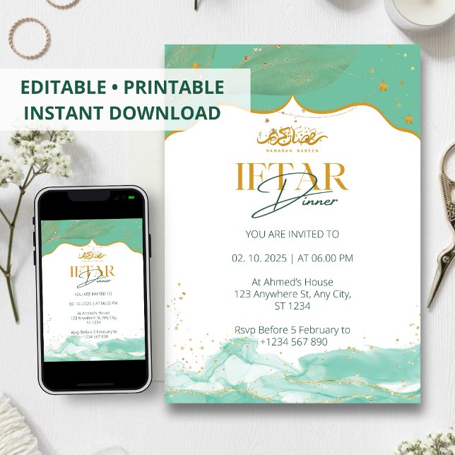 Invitation au dîner Iftar ramadan aquarelle verte  (Créateur téléchargé)