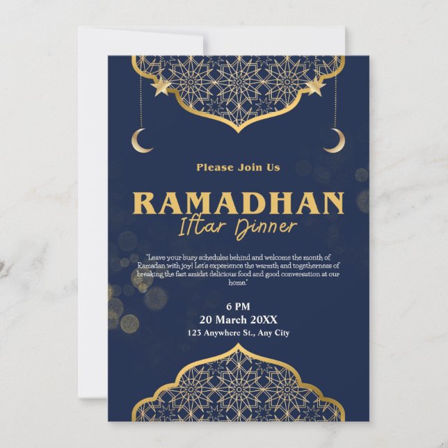 Invitation au dîner moderne d'Iftar Blue Gold (Devant)