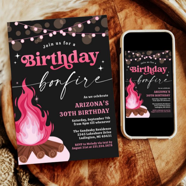 Invitation au feu d'artifice rose moderne (Modern Pink Birthday Bonfire Invitation)
