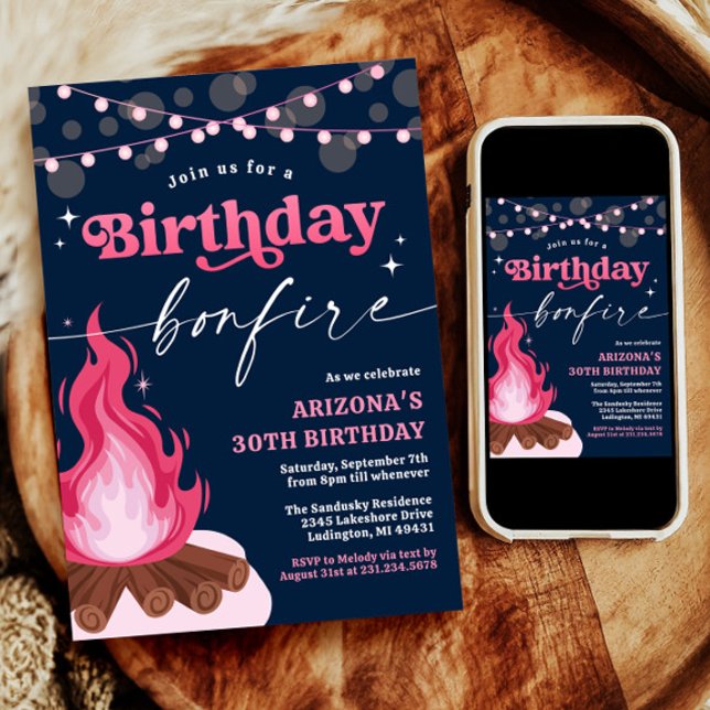 Invitation au feu d'artifice rose moderne (Modern Pink Birthday Bonfire Invitation
)
