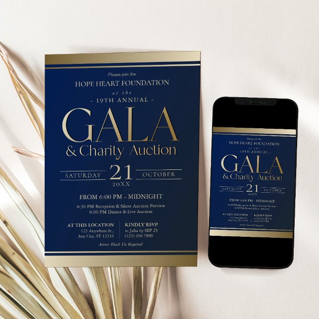 Invitation au gala de charité aux enchères bleu ma (Navy Blue and Gold Charity Auction Gala Invitation Card)