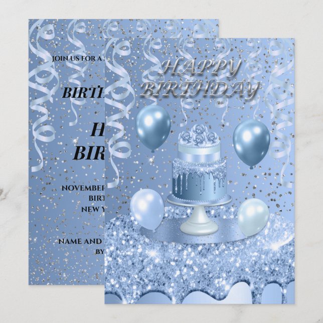 Invitation au gâteau d'anniversaire bleu étincelan (Devant / Derrière)