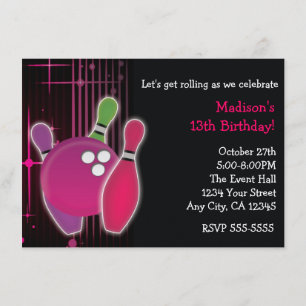 Invitation au Glow Bowling Bowl Girls Birthday Par