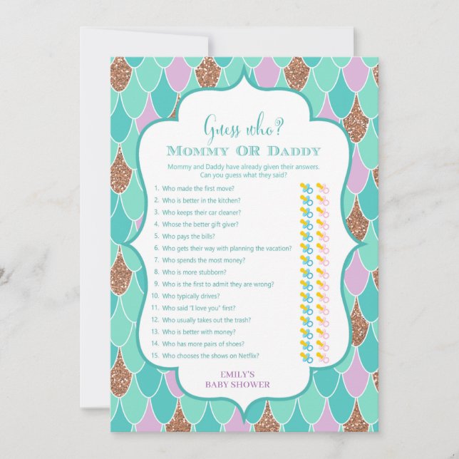 Invitation au jeu de Baby shower Purple Aqua Merma (Devant)