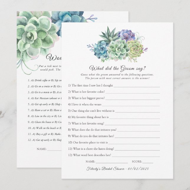 Invitation au jeu de Baby Shower sur les Succulent (Devant / Derrière)