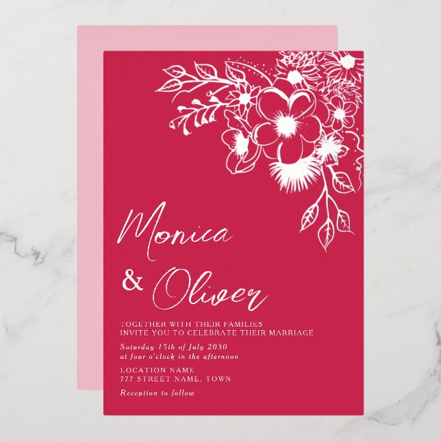 Invitation au mariage de la fleur d'argent magenta (Recto/Verso)