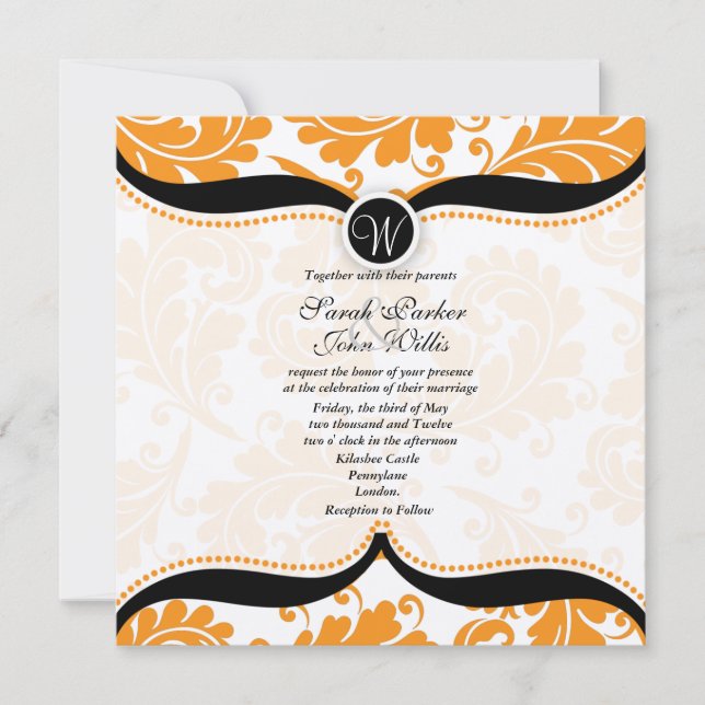 Invitation au mariage de Paisley, damas orange et  (Devant)